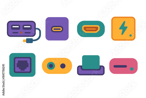 Modern Docking Icons. Docking Stations flat set: multi-port hub, USB-C dock tile, HDMI output port, power delivery block, ethernet jack, audio combo port, device cradle slot,