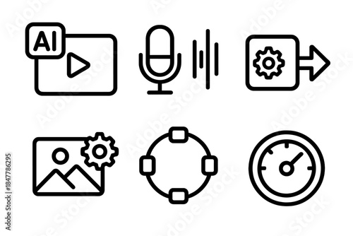 Digital Workflow Icons. Digital Content Creation Workflows linear set: AI video tile, audio processing node, generative design arrow, effect application tile, pipeline sequence
