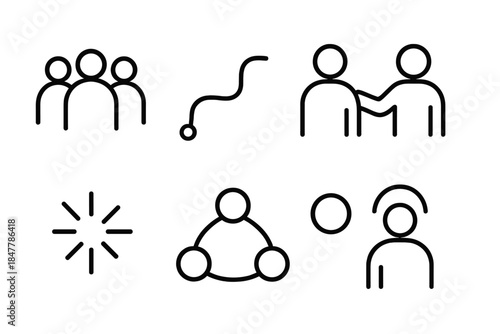 Connected Silhouette Icons. Communal Connection linear set: group silhouette, shared path line, linking bead, caring gesture, open-circle node, warm spark, network arc, harmony
