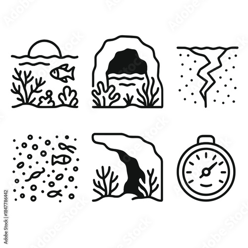Marine Outline Icons. Unseen Marine Realms linear set: twilight reef, submerged cavern mouth, seafloor fissure, drifting plankton veil, ridge overhang, depth zone gauge.
