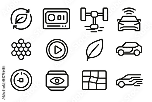 Futuristic Automotive Icons. Advanced Automotive Collection linear set: hybrid flow icon, digital interface panel, electric axle, lidar scan line, energy cell cluster, drive mode