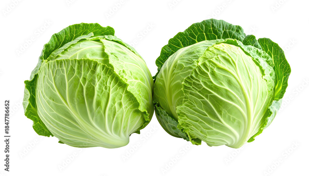 Fototapeta premium Two fresh, vibrant green cabbages sit side-by-side against a black background. Their tightly packed leaves are visible in detail
