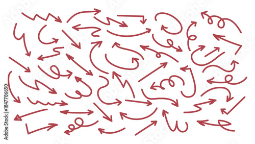 Red hand drawn arrows collection. Set of Various of thin lines organic arrows. Hand drawn minimalist arrows. Arrows simple sketch for business plans, education designs. Arrows big pack.