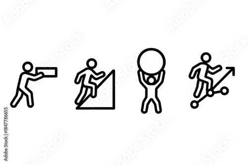 Resilience Symbol Icons. Resilience Imagery linear set: push-forward bar, steep-ascent motif, challenge-lift node.