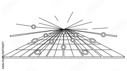 Minimalistic line art depiction of a futuristic geometric perspective horizon scene