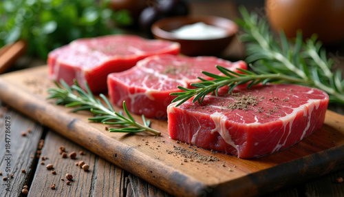 Fresh raw beef steak meat on wooden board with rosemary and spice.  Cooking, gastronomy. World Food Safety Day. Close-up.