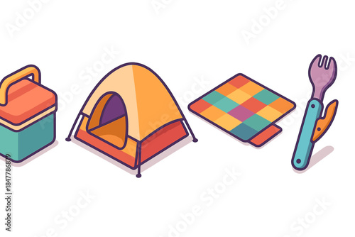 Family Camping Essentials. Family Camp Setup flat isometric set: cooler box, picnic tarp, multi-tool spork.