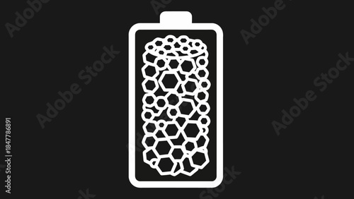 Minimalistic Line Art Illustration of a Rechargeable Battery with Hexagonal Cell Pattern on Black