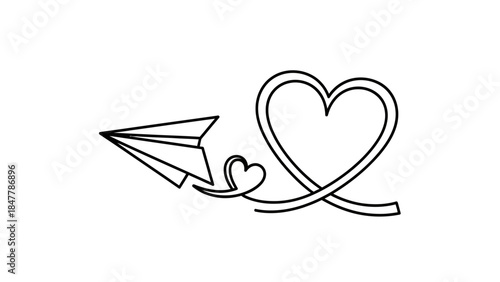 Minimalistic Line Art Illustration of a Heart with a Paper Airplane and Curved Loop