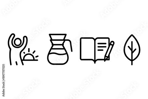 Minimal Morning Routine. Minimal Daily Patterns linear set: sunrise stretch, slow-brew pot, quiet journal leaf.