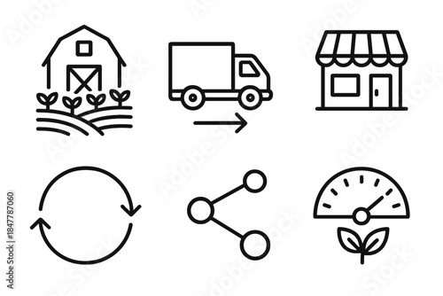 Urban Food Network Icons. Urban Food Network Set linear set: local farm tile, transport link arrow, retail point icon, distribution loop ring, supply chain node, freshness meter.