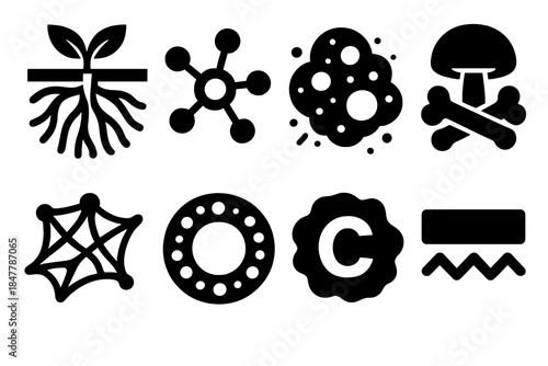 Microbial Network Icons. Underground Microbial Network silhouette set: symbiotic root zone, microbial hotspot node, nutrient diffusion cloud, decomposer symbol, mycorrhizal web,