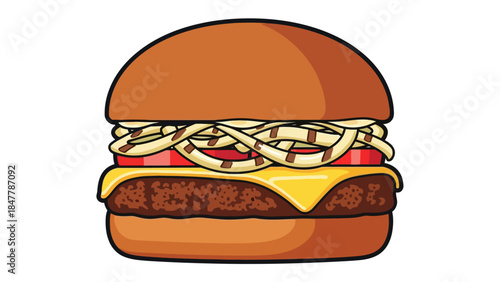 A stylized cartoon hamburger with a bun patty cheese tomato and onions