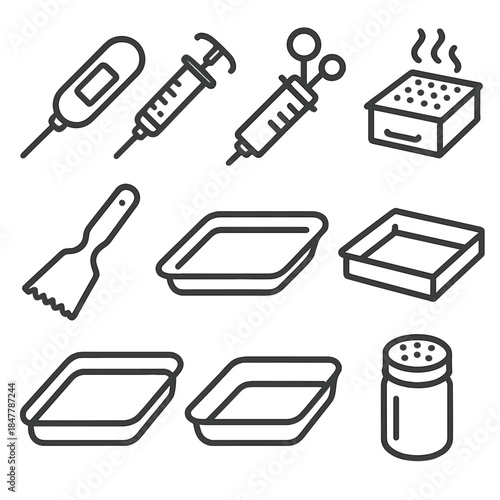 Backyard BBQ Essentials. Backyard BBQ Gear linear set: meat thermometer, marinade injector, stainless basket, smoker box, grill scraper, serving tray, drip pan, spice shaker.