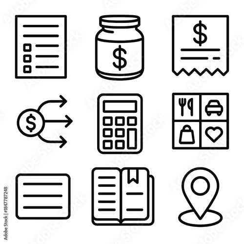 Home Budget Icons. Home Budget Planning linear set: expense sheet, savings jar, bill icon, cost categories grid, calculator, planning notebook, money flow arrows, reserve marker.
