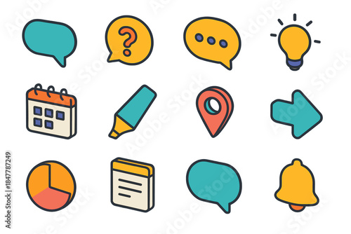 Isometric Icon Set. Casual Communication Set isometric flat set: open speech bubble, question prompt, chat dots, simple insight icon, everyday planner, highlight marker, check-in