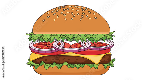 A stylized illustration of a hamburger with sesame seeds on the bun