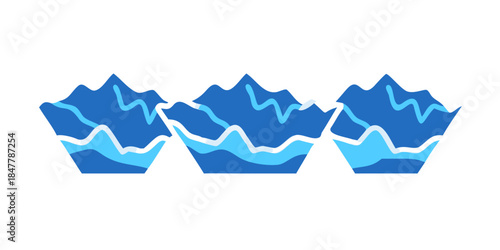 Three mountain ranges with wavy water