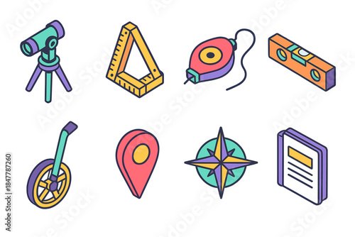 Geometric Tool Icons. Geometric Measurement Tools isometric flat set: transit scope, folding ruler, chalk line, gradient level, distance wheel, marker pin, compass rose, survey