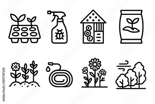Organic Farming Icons. Organic Field Practices linear set: seed tray, natural pest control sprayer, beneficial insect house, green manure bag, crop diversity row, water-saving hose