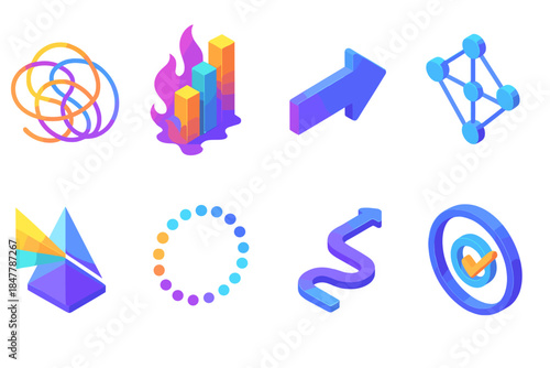 Colorful Isometric Icons. Chaos-to-order transitions flat isometric set: disorder swirl tile, emergent pattern bar, alignment arrow, structure node, clarity beam, coherence ring,