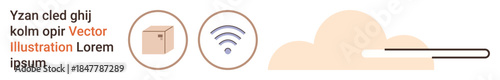 Cloud storage, wireless technology, logistics, modern connectivity, product distribution, file sharing. Circular icons of a box, wireless signal and cloud. Cloud storage and wireless technology