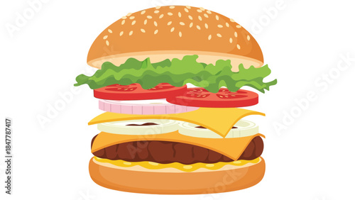 A tall stacked burger with a sesame seed bun