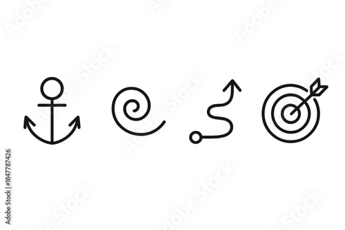 Motivation Icons Set. Personal Motivation Cues linear set: intention anchor node, energy-rise swirl, progress path icon.