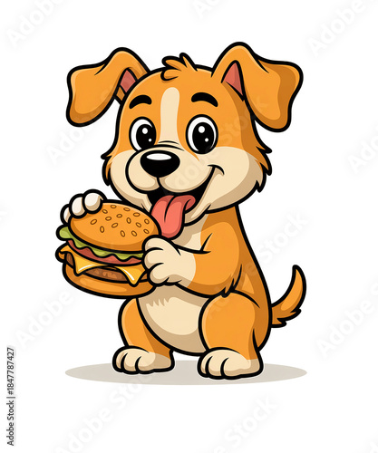 Cartoon dog holding a cheeseburger puppy illustration