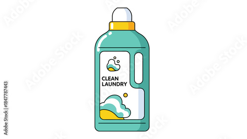 A teal laundry detergent bottle with a white cap and yellow accents