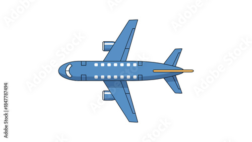 A topdown view of a blue cartoon airplane with white windows