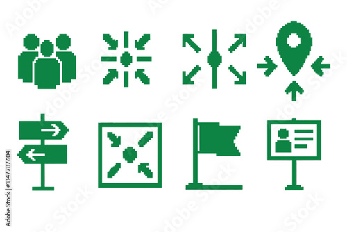 Assembly Icons Collection. Assembly location set set of icons in flat pixel vector style: group silhouette, meeting point crosshair, arrow cluster, zone marker, guidance placard,