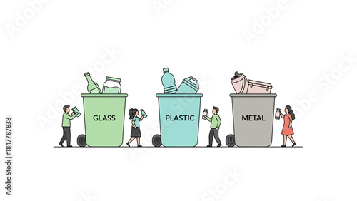People sorting recyclable materials into labeled bins for sustainable waste management