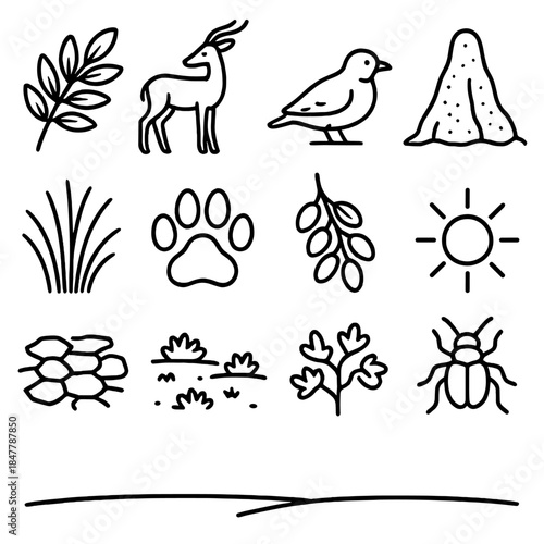 Savanna Icon Collection. Savanna & Grassland Set linear set: acacia sprig, grazing antelope, ground-nesting bird, termite mound, tall grass sweep, predator track, seed cluster, sun