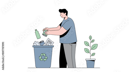 Man recycling waste with a recycling bin and plant nearby