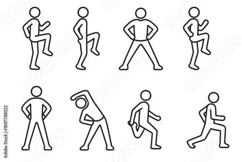 Dynamic Exercise Icons. Dynamic warm-up set linear set: high knees, butt kicks, lateral steps, skip-in-place, hip rotation, trunk bend, toe taps, walking lunge.