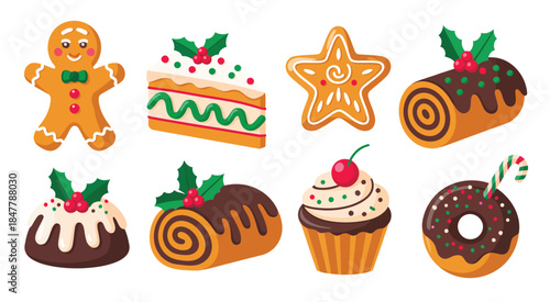 A festive collection of illustrated Christmas desserts and holiday baked goods on a white background, perfect for seasonal branding, greeting cards, menus, packaging, social media posts, 