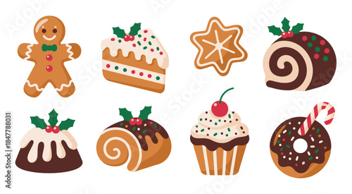A festive collection of illustrated Christmas desserts and holiday baked goods on a white background, featuring cookies, cakes, pastries, candy, seasonal sweets, cozy winter treats, 
