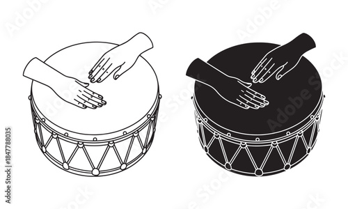 Ceremonial Drum Icon with hand striking in outline and filled Vector