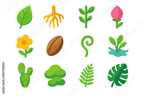 Vibrant Plant Icons. Exploring Plant Diversity isometric flat set: leaf shapes, root structures, stem patterns, bud types, bloom variations, seed forms, climbing tendril, aquatic