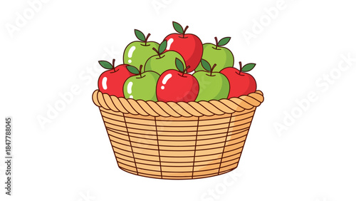A woven basket overflowing with red and green apples