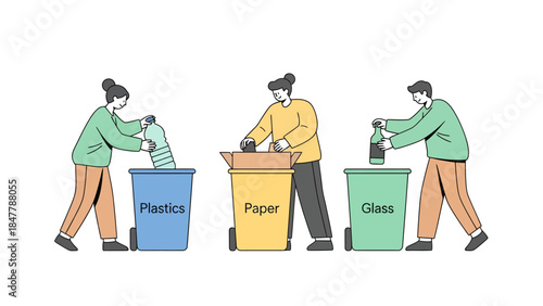 People recycling plastic, paper, and glass in colorful bins