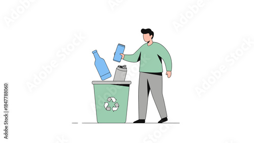 Man recycling plastic bottles in green recycling bin