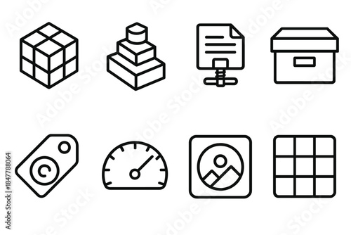 Storage Efficiency Icons. Storage Efficiency Pack linear set: deduplication cube, tiered storage steps, compacted file, archival box, data class tag, capacity gauge, snapshot tile,
