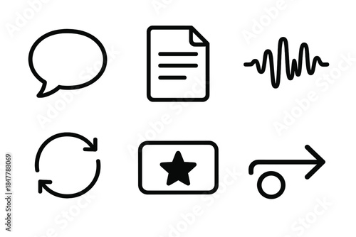 Communication Icons Set. Speech & Text Insight Set linear set: talk symbol, script sheet, tonal wave, interpretation loop, keyword tile, semantic arrow.