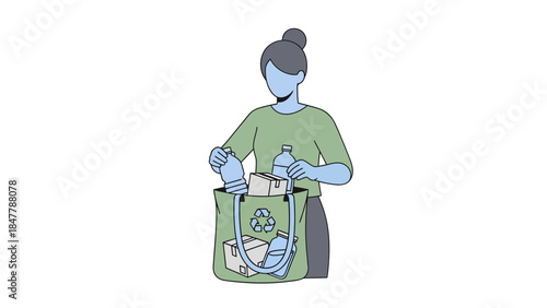 Woman recycling plastic bottles and cardboard in eco-friendly bag