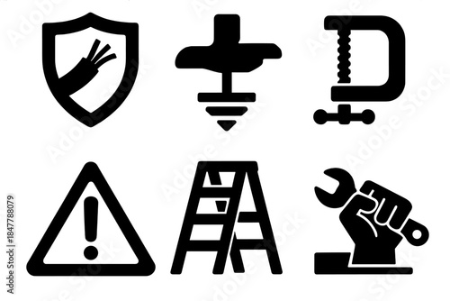 Protective Repair Icons. Protective Repair Elements silhouette set: shielded cable, grounded tool, safety clamp, clear warning label, stable ladder, careful fix symbol.