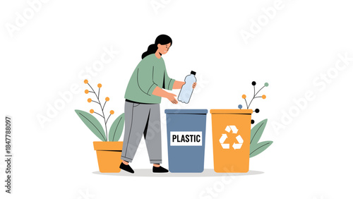 Woman properly disposing of plastic bottle in recycling bin