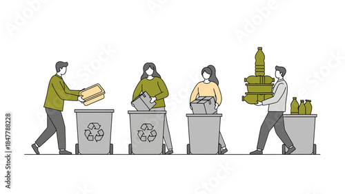 People recycling paper, cardboard, and plastic bottles in recycling bins