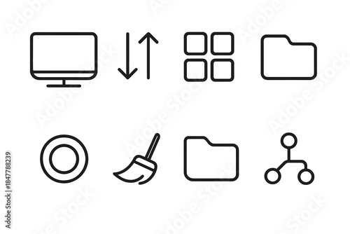 Minimalist Icon Design. Digital Streamline linear set: uncluttered screen, file sort arrow, grouped tiles, simplified tab, storage ring, clean sweep curve, trimmed folder,